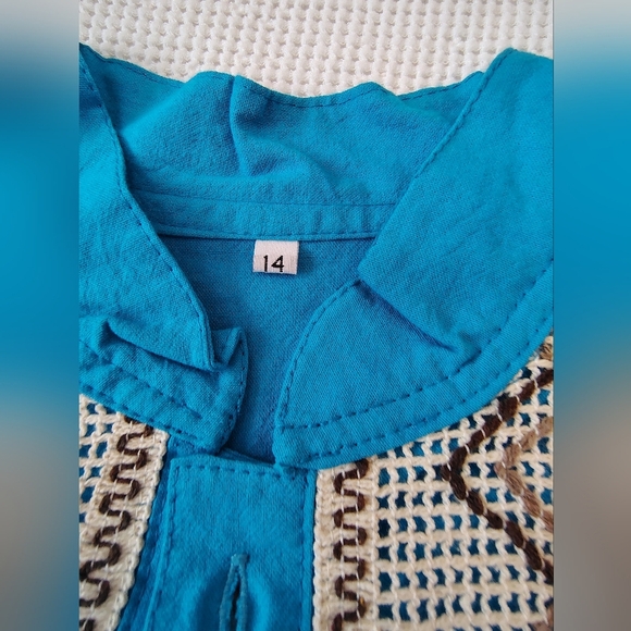 Blue Embroidered Button Down Guayabera Kid's Shirt Size 14 - Picture 6 of 6